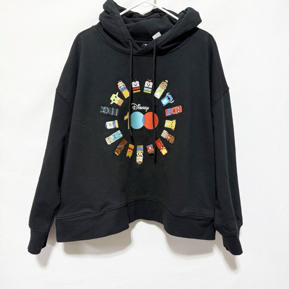 Disney 100 Unified Characters Pullover Hoodie Black Cropped 2X  Sweatshirt